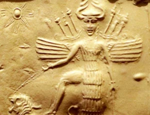Ishtar, la déesse de l’amour , de la fertilité, de la guerre et de la sexualité. CC by Wikimedia Commons https://commons.m.wikimedia.org/wiki/File:Ishtar_on_an_Akkadian_seal.jpg. image modifiée